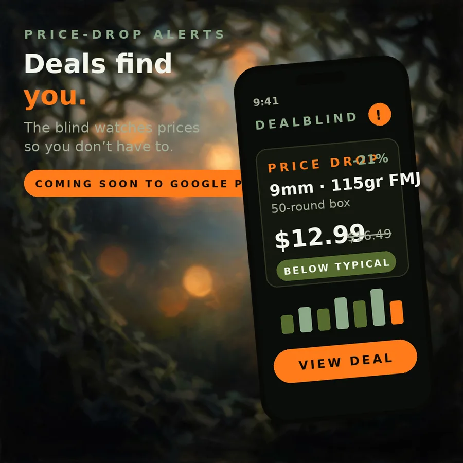 DealBlind price-drop alert on a phone — 9mm 115gr FMJ, 50-round box, $12.99, below typical, minus 21 percent.