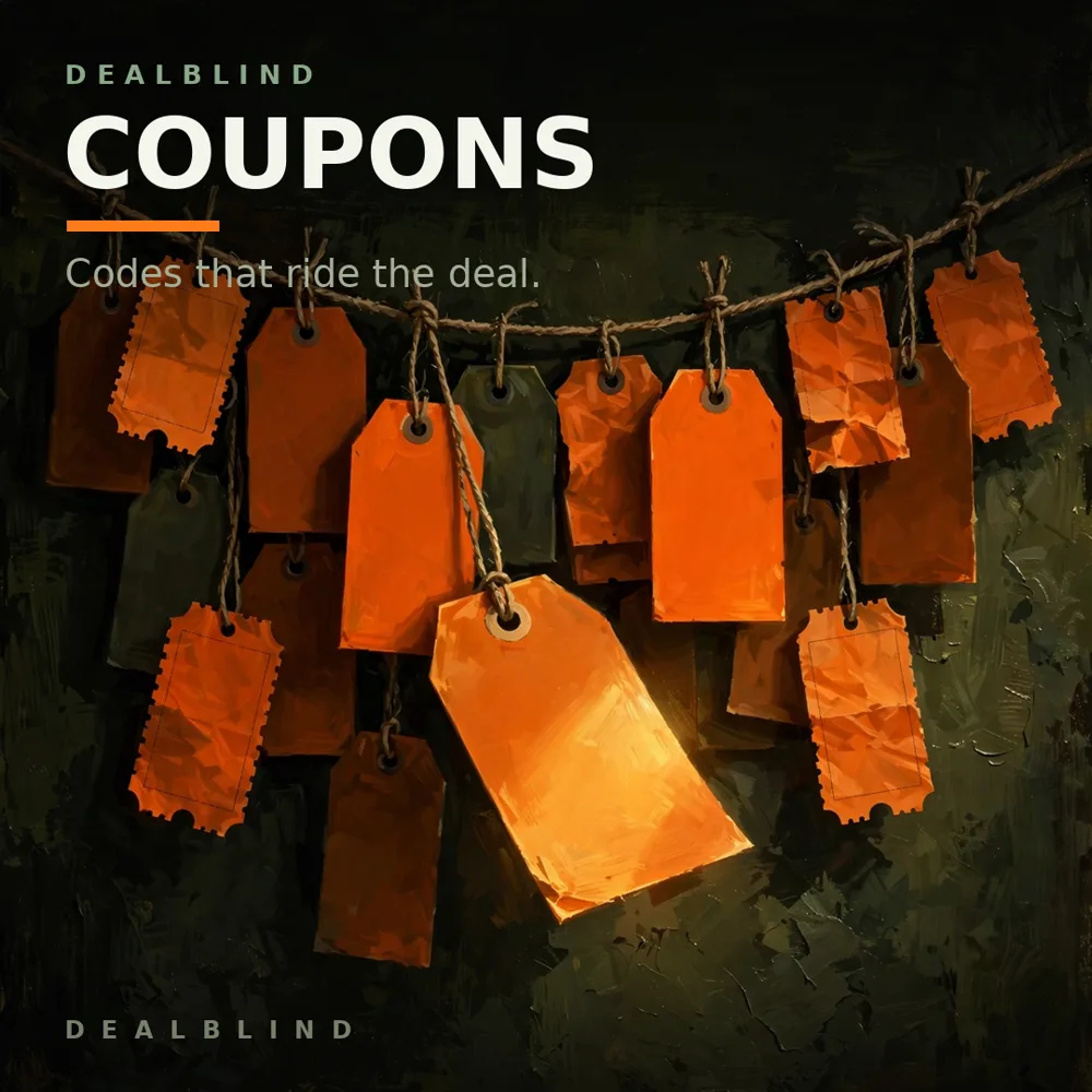DealBlind Coupons โ blaze-orange price tags hanging on twine.