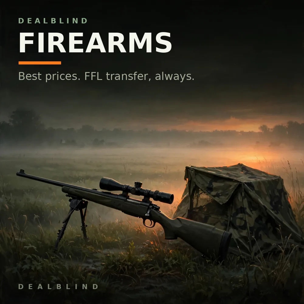 DealBlind Firearms โ a scoped rifle and ground blind in dawn mist.