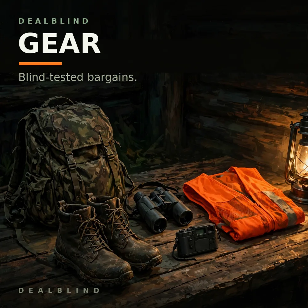 DealBlind Gear โ camo pack, boots, binoculars and a blaze vest by lantern light.